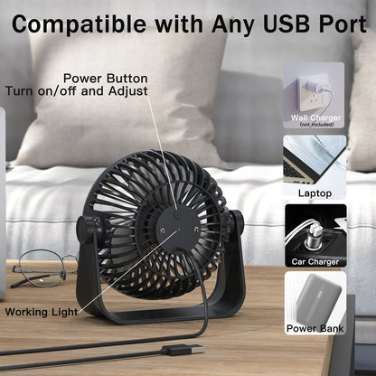Small Desk Fan 3 Speeds Strong Airflow USB Fan 360°Rotation Mini Fan Portable Personal Fan, 5-inch Table Fan for Bedroom Office Home Outdoor Camping, 3.6ft Cable, Black