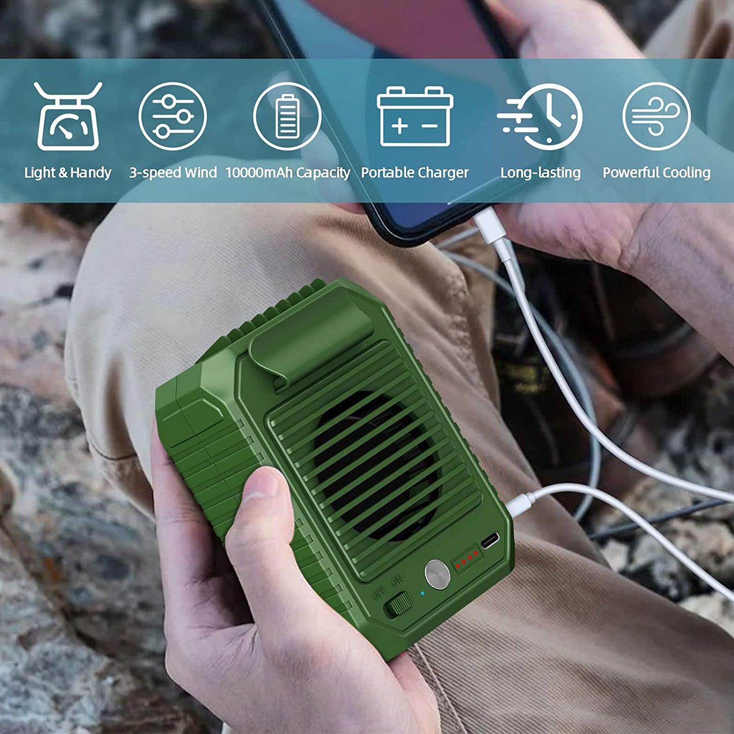 10000mAh Portable Waist Clip Fan 3 Speeds Battery Personal Hands-free Belt Fan Body Fan for Outdoor Works, Farm, Hiking, Camping, Gardening, Travel
