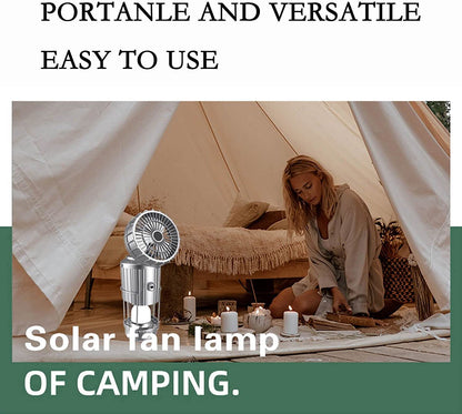 Solar & Battery Powered Collapsible-USB Camping Lamp with Fan for Picnic, Barbecue, Fishing, Travel Rechargeable Emergency Light