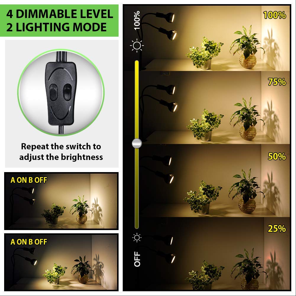 Lámpara de cultivo LED para plantas de interior equivalente a 300 W con lente celular CREE COB abrazadera en C cuello de cisne ajustable 4 opciones regulables 2 lámparas independientes
