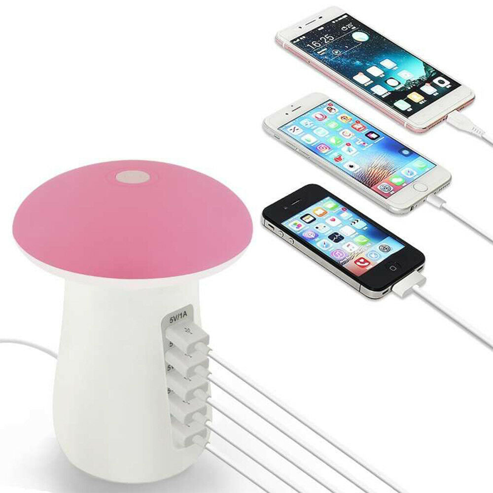 5 Port USB Hub Dock LED Mushroom Lamp Charger Charging Station Stand Light