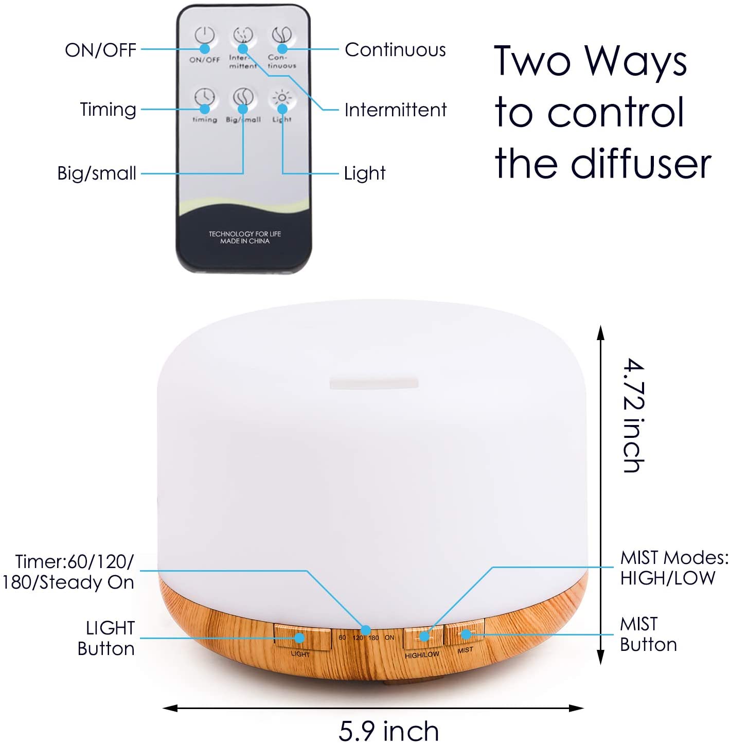 Essential Oil Diffuser 500ml Remote Control Diffusers for Essential Oils, Ultrasonic Aromatherapy Humidifier with Adjustable Mist Mode & Waterless Auto-Off