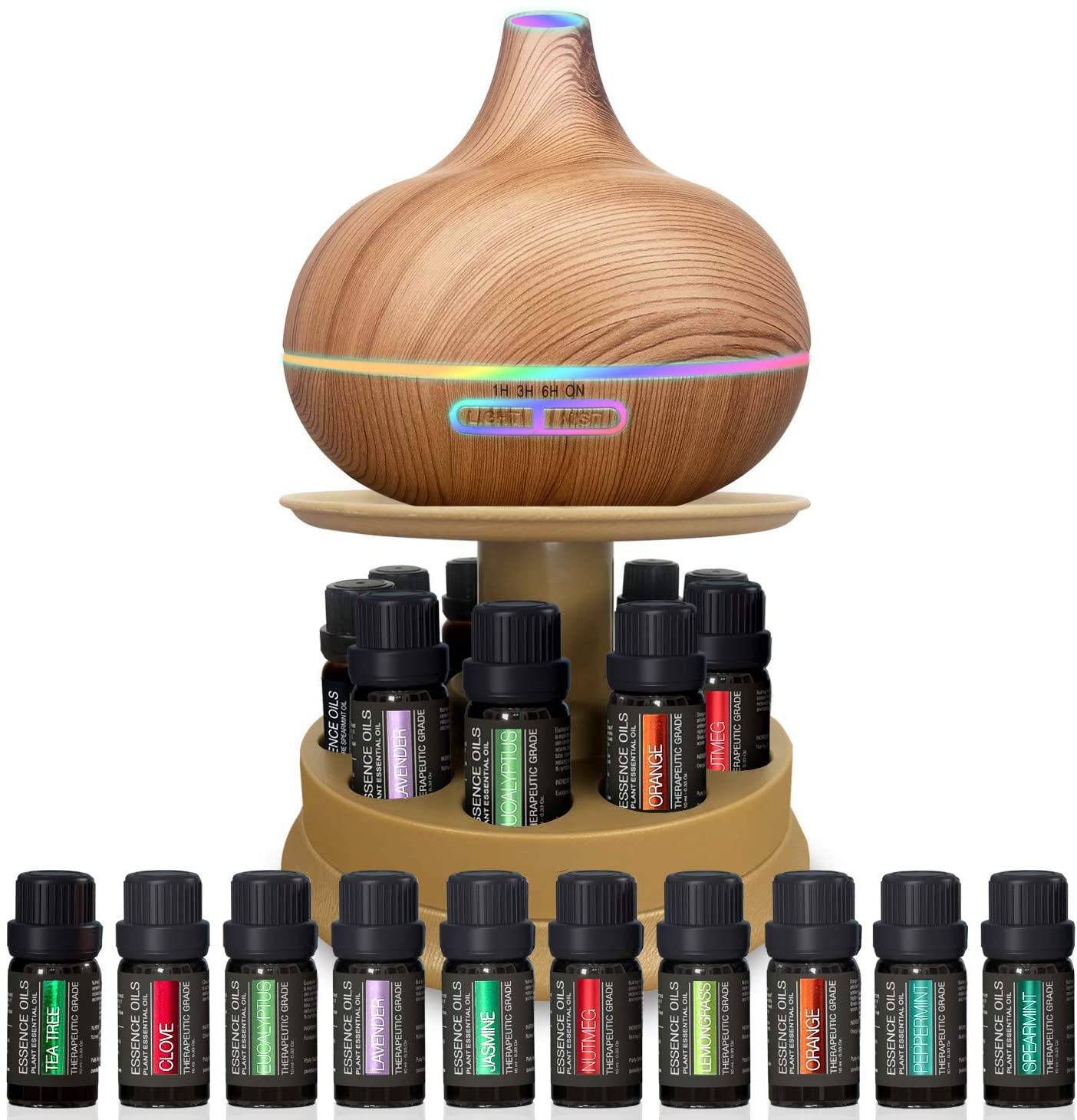 Ultimate Aromatherapy Ultrasonic 300ml Diffuser & Top 10 Therapeutic Grade Essential Oils Set w/Rotating Display Stand - 4 Timer & 7 Ambient Light Settings