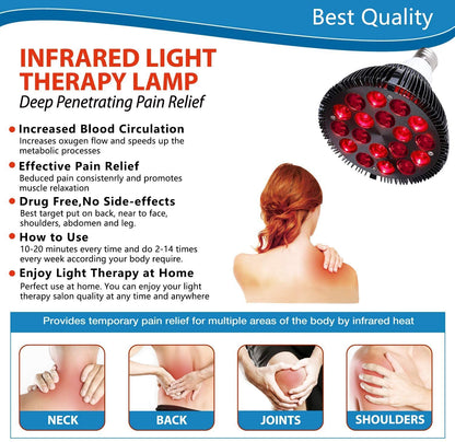 36W 18LED Infrared Light Therapy Device 660nm Red and 850nm Near Infrared Combo Red Light Bulb for Skin and Pain Relief