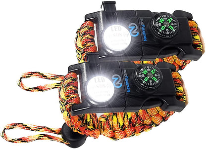 Paquete de 2 pulseras de Paracord – Ajustable – Arrancador de fuego – Silbato fuerte – Perfecto para senderismo, camping, pesca y caza