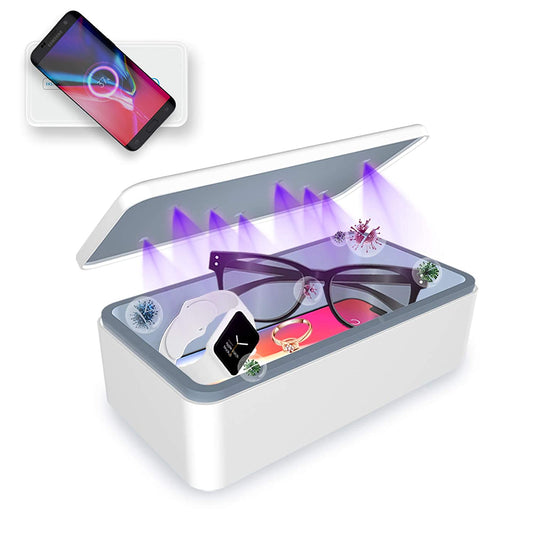 UV-Licht-Desinfektionsbox, tragbares UVC-Licht-Desinfektionsgerät für Mobiltelefone mit zusätzlichem Rack, kabelloses Laden für Smartphones, tiefe UV-Sterilisationsbox für Handy-Uhren, Schmuck, Brillen