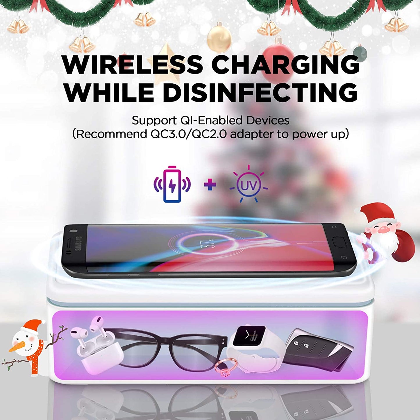 UV Light Sanitizer Box Portable Phone UVC Light Sanitizer with Extra Rack Wireless Charging for Smart Phone Deep UV Sterilizing Box for Cell Phone Watches, Jewelry, Glasses