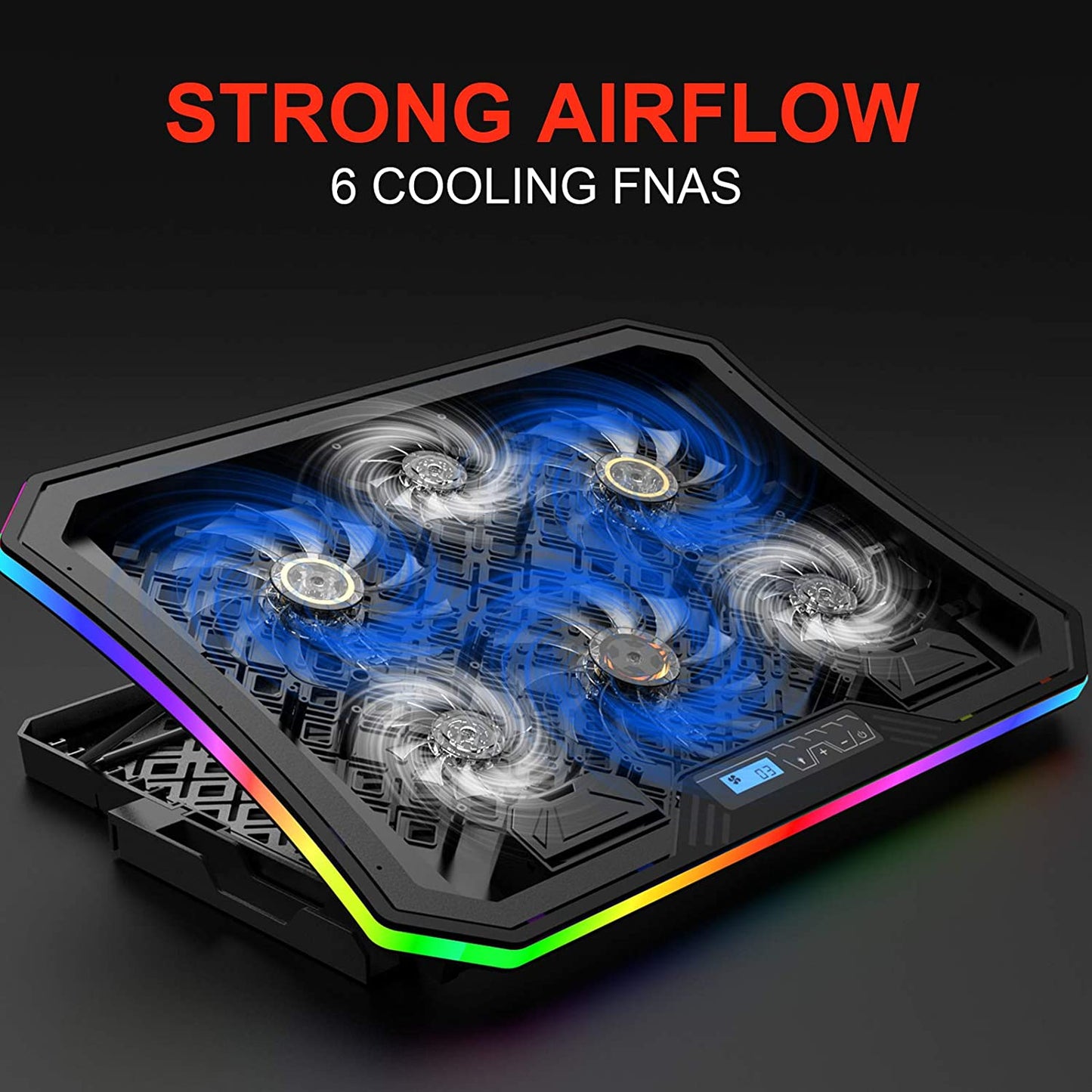 Laptop Cooler Pad RGB Lights with 6 Cooling Fans for 15.6-17.3 Inch Laptops 7 Height Stands 10 Modes 2 USB Ports in Right Side Desk or Lap Use