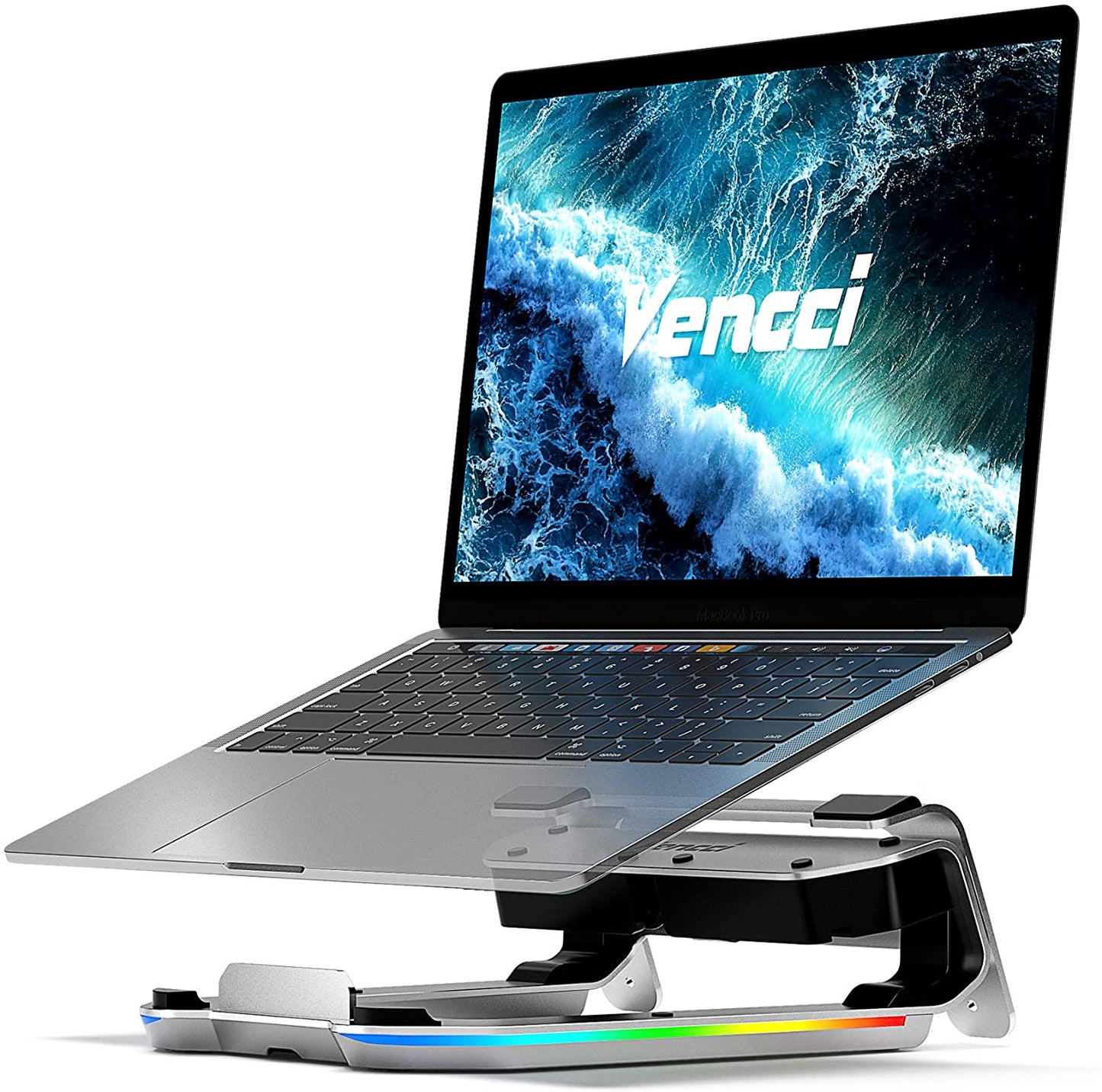 Laptop Stand for Desk Ergonomic Aluminum Computer Laptop Riser Holder with 8-in-1 USB C Hub RGB Light Adjustable Height Compatible with MacBook Pro Air HP XPS and More Type C Devices