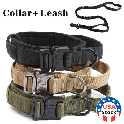 HEAVY DUTY K9 Military Dog Collar Leash Handle Medium Large metal Buckle