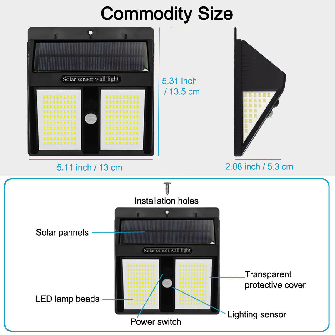 Luces LED solares con sensor de movimiento para exteriores, lámpara de pared de seguridad para jardín, reflector