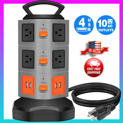 Power Strip Tower Surge Protector Multi outlet 4 USB ports Charging Station 6FT