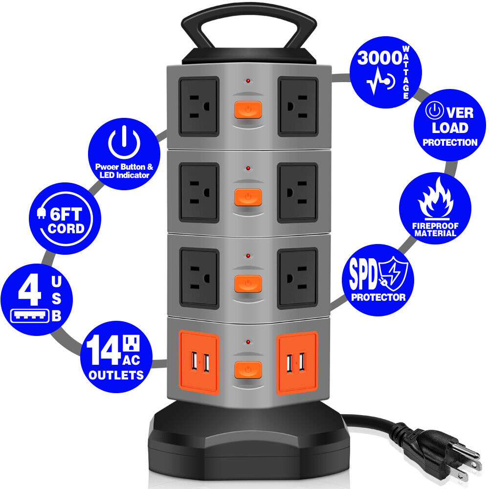 Power Strip Tower Surge Protector Multi outlet 4 USB ports Charging Station 6FT