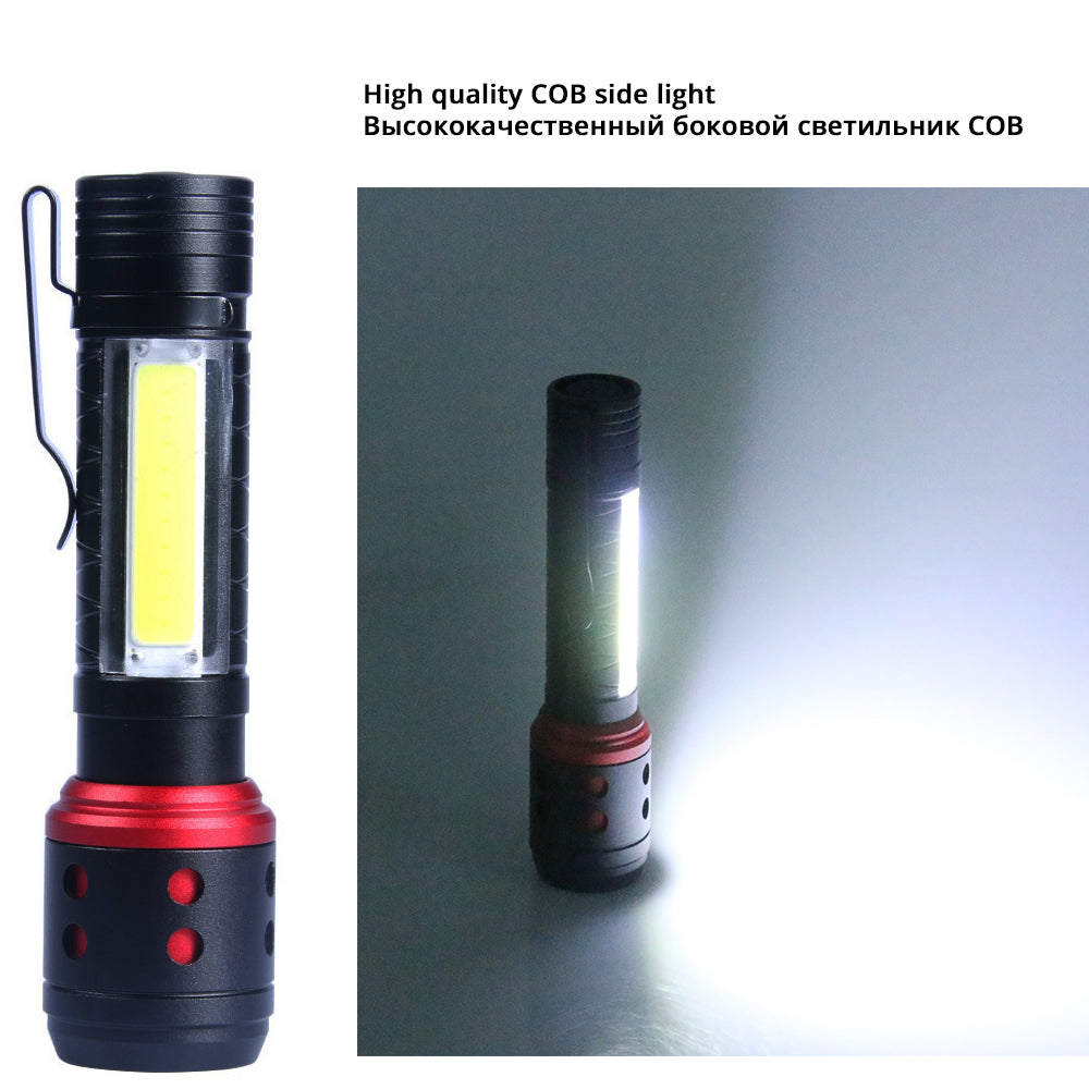 Mini linterna LED portátil con luz lateral COB, 4 modos de iluminación, lámpara XPE