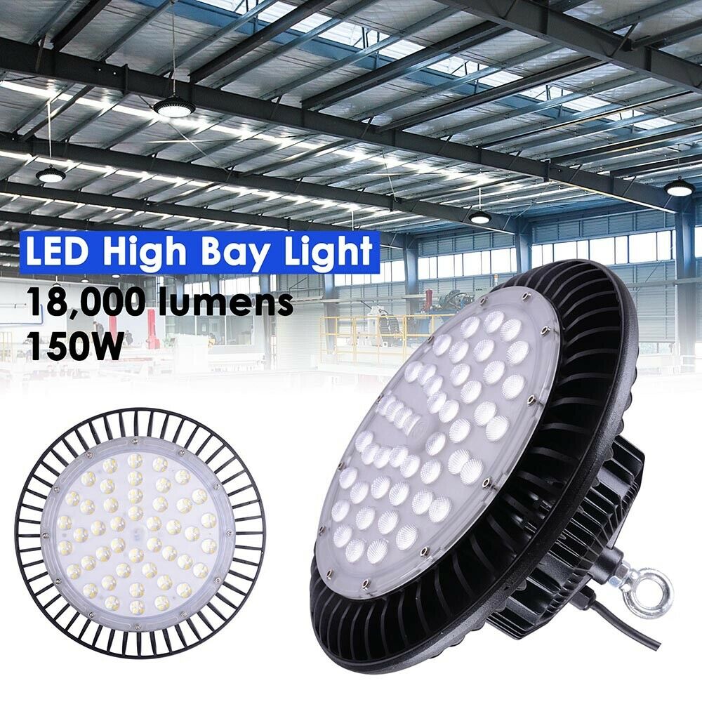 Paquete de 4 luces LED de bahía alta UFO IP65 de 150 W, 18000 lm, 6500 K, iluminación de fábrica