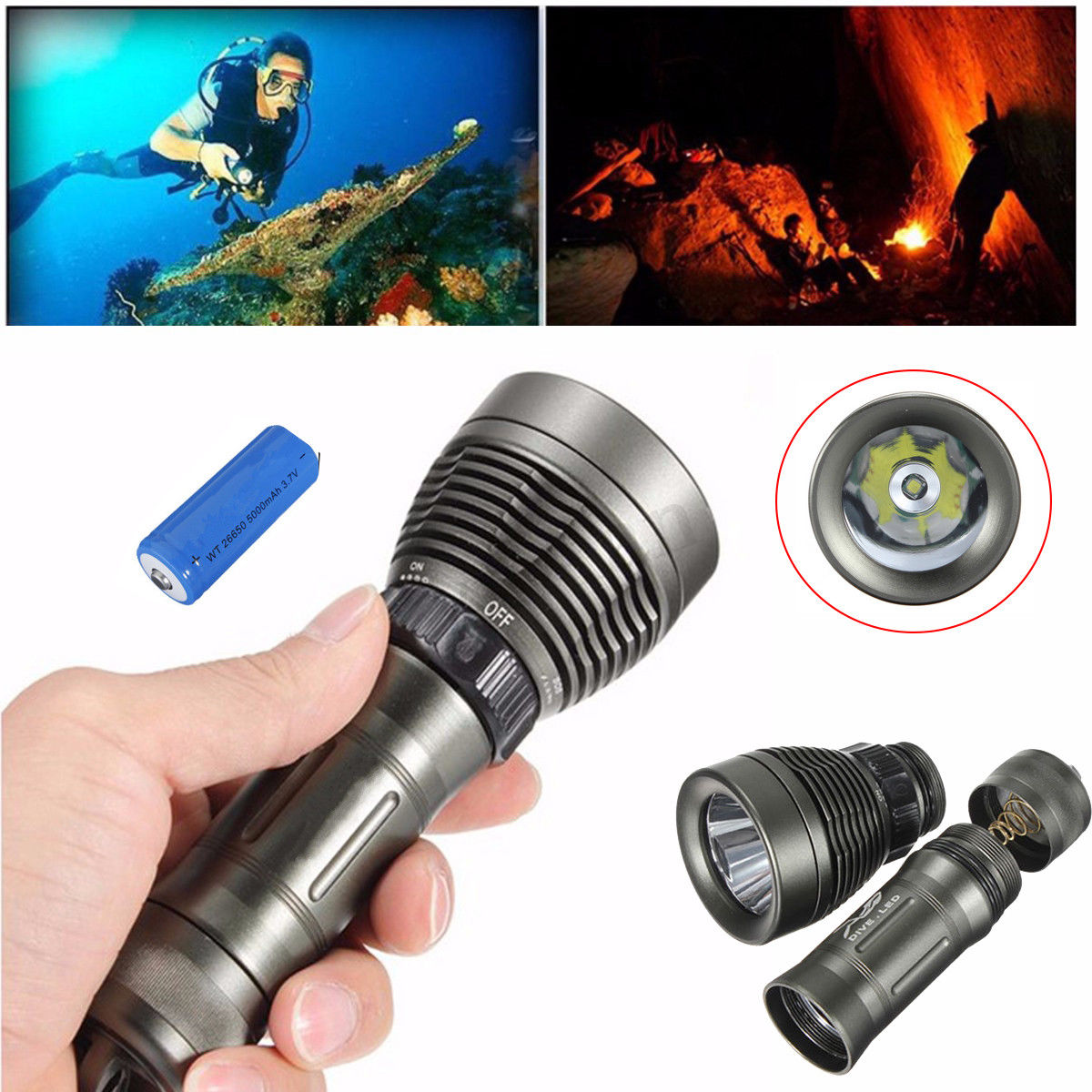 25000Lm T6 LED Diving Scuba Flashlight Underwater Torch Light Lamp 80m + Battery