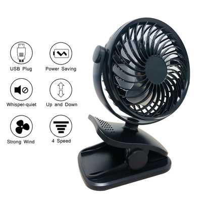 360° Degree Rotation Portable Clip Fan 4 Speed Rechargeable Battery Clip On Desk