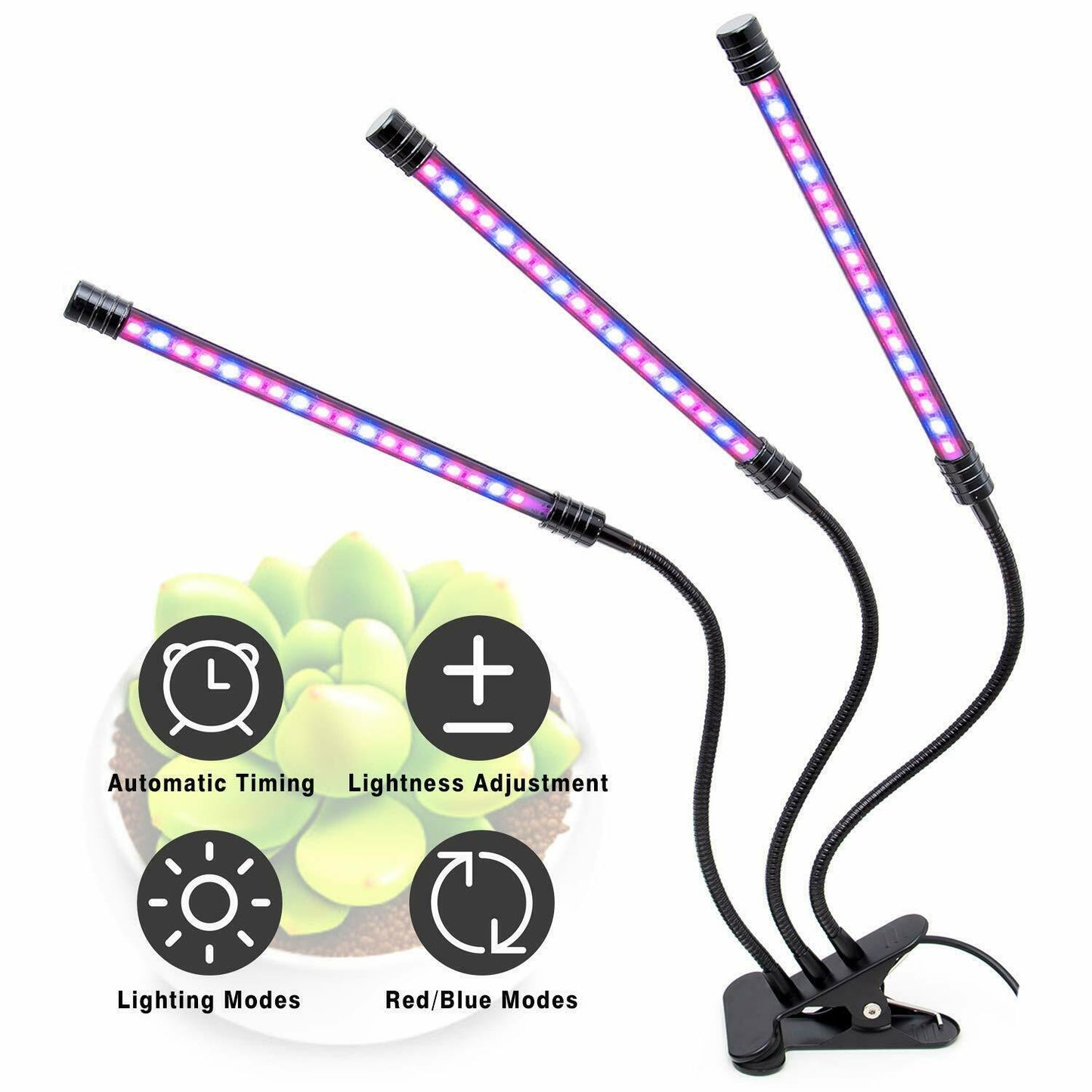 Plant Grow Dimmable 2/3/4 Head Light 54 LED Hydroponics Gooseneck Red/Blue Lamp